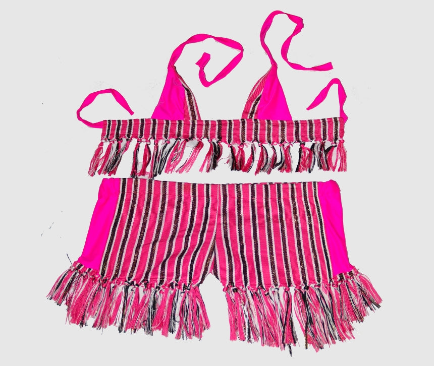 Maillot de bain SHORTY à frange 2 pièces - TT Rose Fuchsia